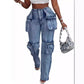 Vintage Washed Distressed Women Jeans Ankle Length Spliced Cargo Pants Denim Pockets High Waist Streetwear Loose Fit 2024
