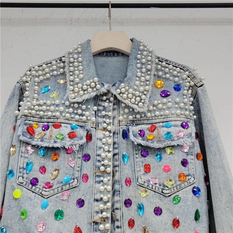 Heavy Work Beading Diamonds Denim Jacket Women Loose Short Cowboy Outerwear Vintage Blue Frayed Big Pocket Jeans Jacket Female