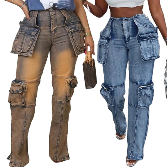 Vintage Washed Distressed Women Jeans Ankle Length Spliced Cargo Pants Denim Pockets High Waist Streetwear Loose Fit 2024