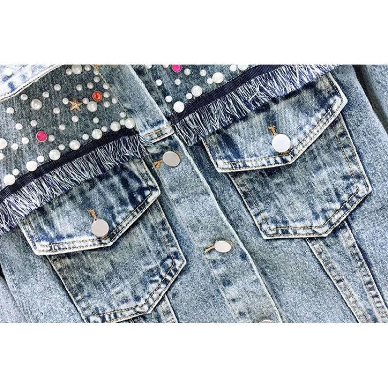 Fried Jeans Jackets Women's Outwear Fashion Loose Tassel Stitching Jacket Streetwear 2023 New Spring Autumn Beaded Cowboy Jacket