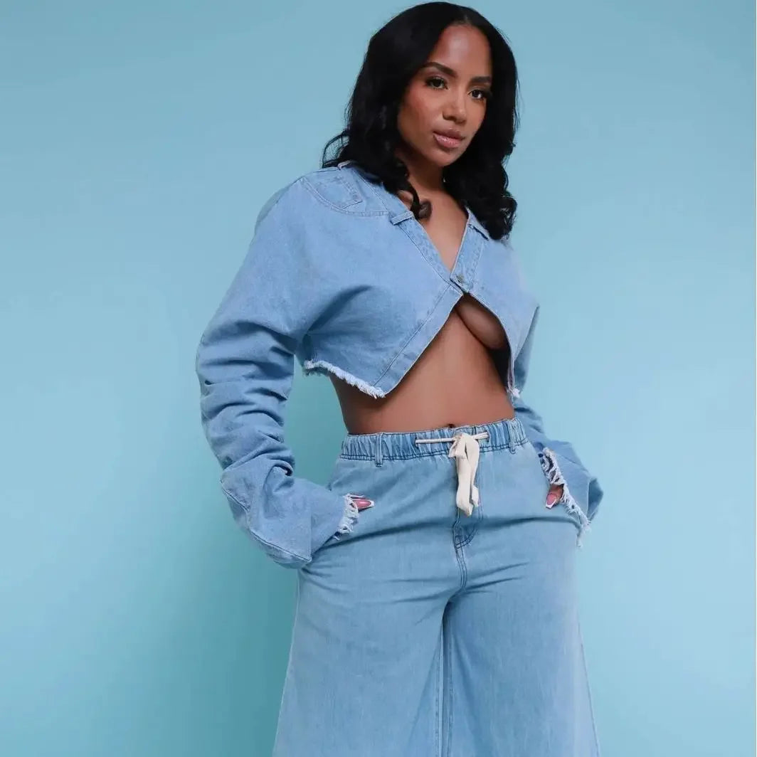 European and American women's clothing Fashionable casual loose denim women's suit two-piece set two piece sets womens outifits