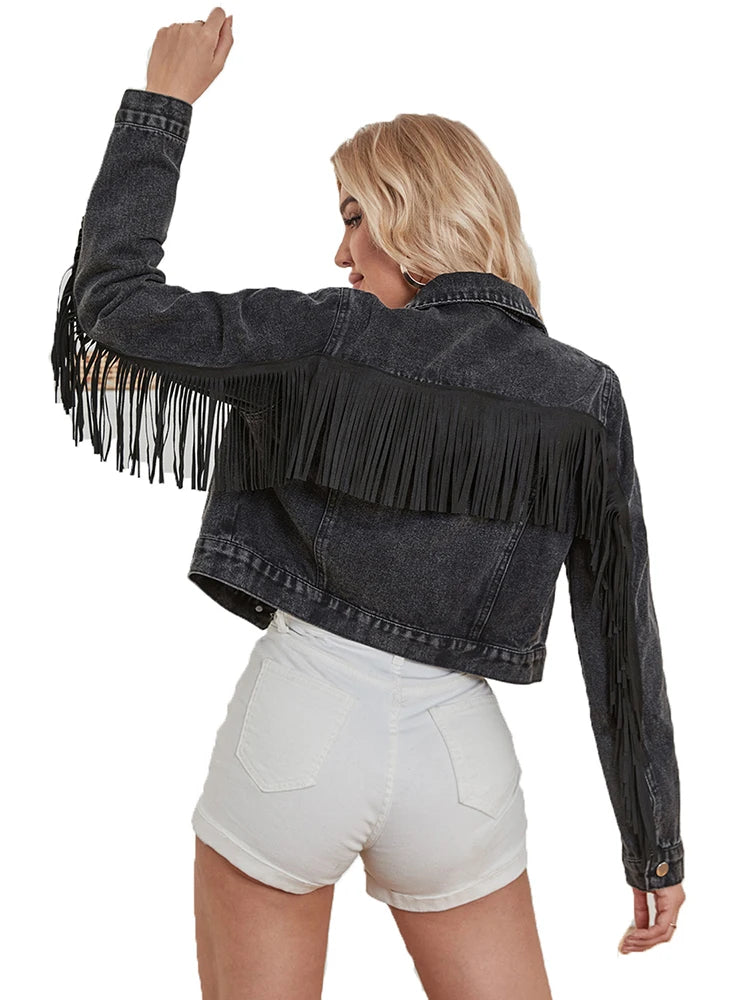 Fitaylor New Women Cropped Denim Jacket Long Sleeve Distressed Fringe Jean Coat