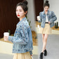 2023 Autumn Blue Flower Embroidery Denim Jacket Women Vintage Fashion Sweet Bubble Long Sleeve Jean Coat Ladies Outerwear Tops