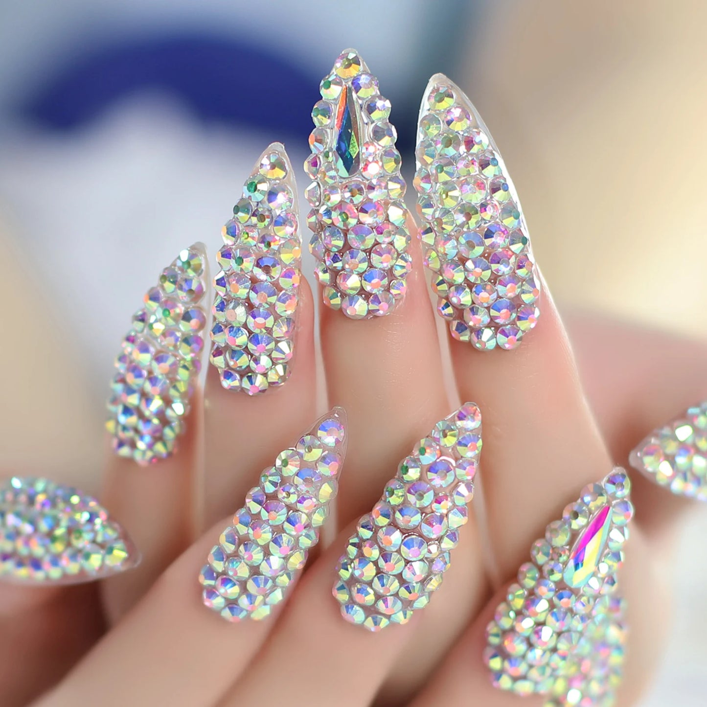 Extra Long Stiletto Press on False Nails Full Cover 3D Rhinestone Fake Nails Manicure Nail Art Tips Set for Wedding Party