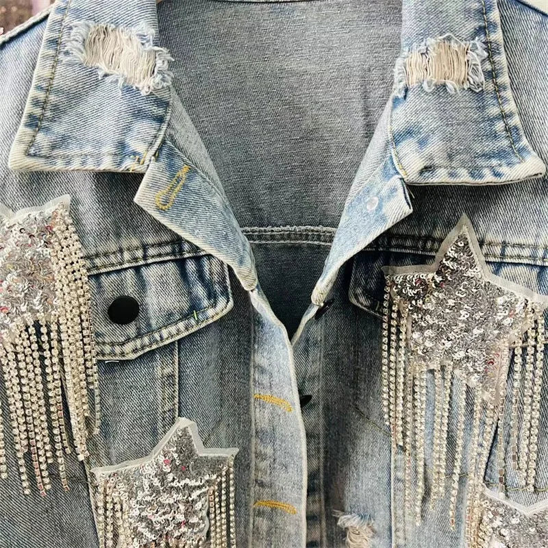 Luxury Autumn Rhinestones Fringed Jeans Jacket Sequined Stars Embroidery Tassels Demin Bomber Coat Loose Cardigan Tops Outwear