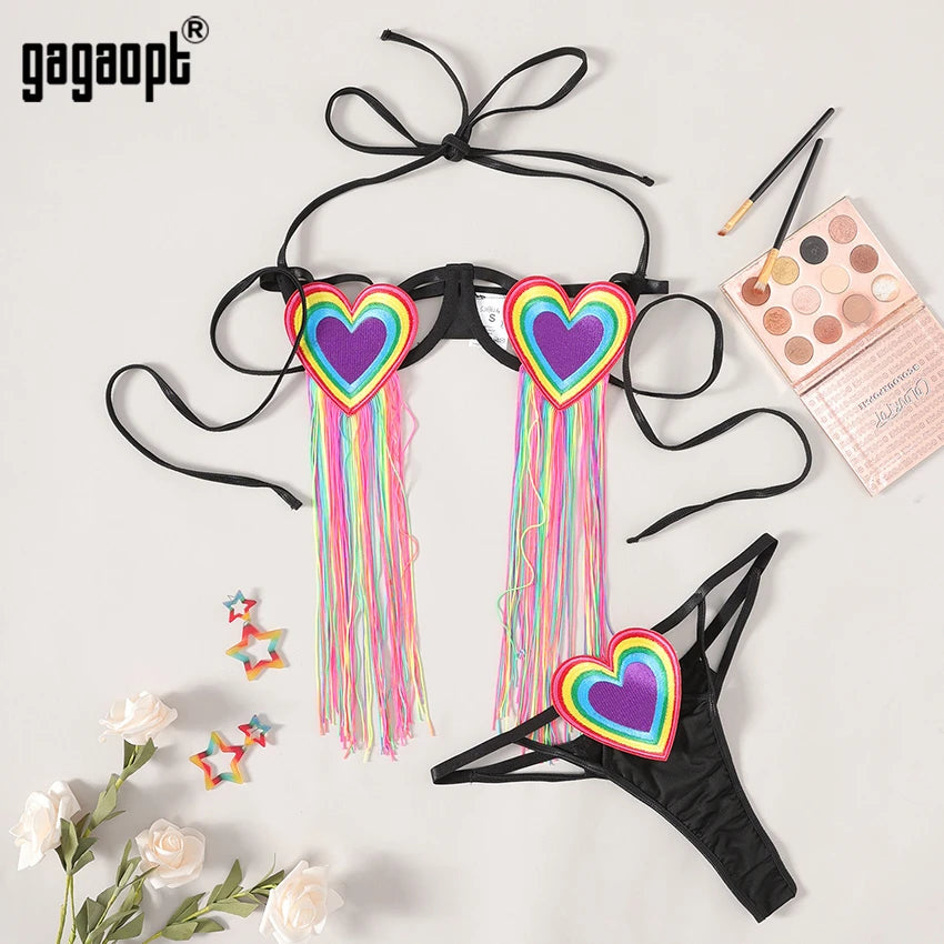 GagaoptColorful Rainbow Flag Bikini Swimsuit Push Up Gay Pride LGBT Modern Print Bondeau Bikinis Set Swimwear Women Bathing Suit