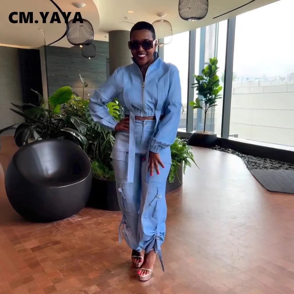 CM.YAYA Fashion Women's Set Long Sleeve Zipper Fly Track and Tie Up Hem Pocket Side Cargo Pants Suit 2024 Two 2 Piece Set Outfit