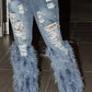 Fashion Women's Jeans Tassel Holes Vitnage Feather High Waist Y2K Streetwear Casual Denim Pant Spring Skinny Hollow Out Trousers