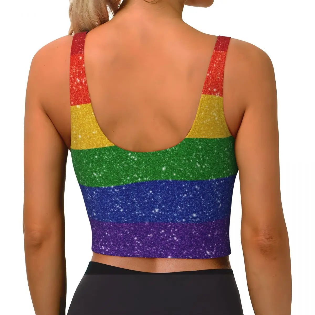 Custom Faux Glitter Rainbow Pride Flag Workout Crop Tank Tops Women's Seamless LGBT Gay Lesbian Yoga Running Sports Bras