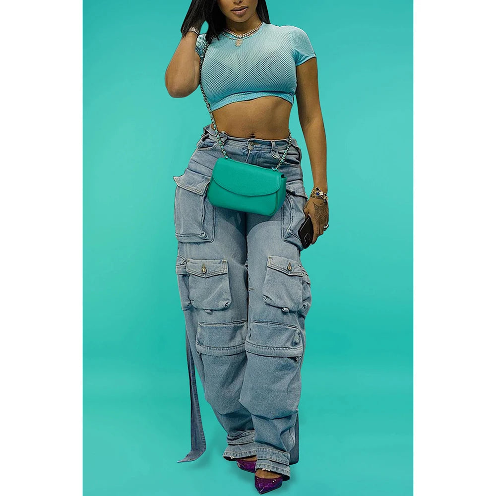 Plus size fashion women's jeans blue street casual spring and summer pocket workwear denim trousers