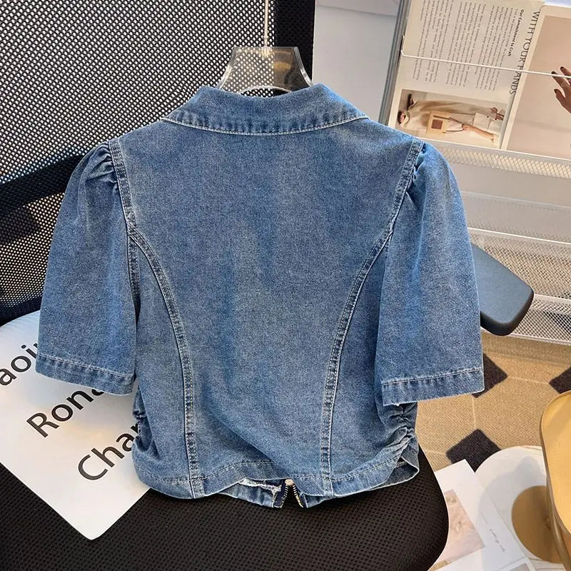 Short Sleeved Denim Jacket for Women Summer Thin Fashion Zip Turndown Collar Casual Shirt 2024 New Puff Sleeve Loose Jeans Tops