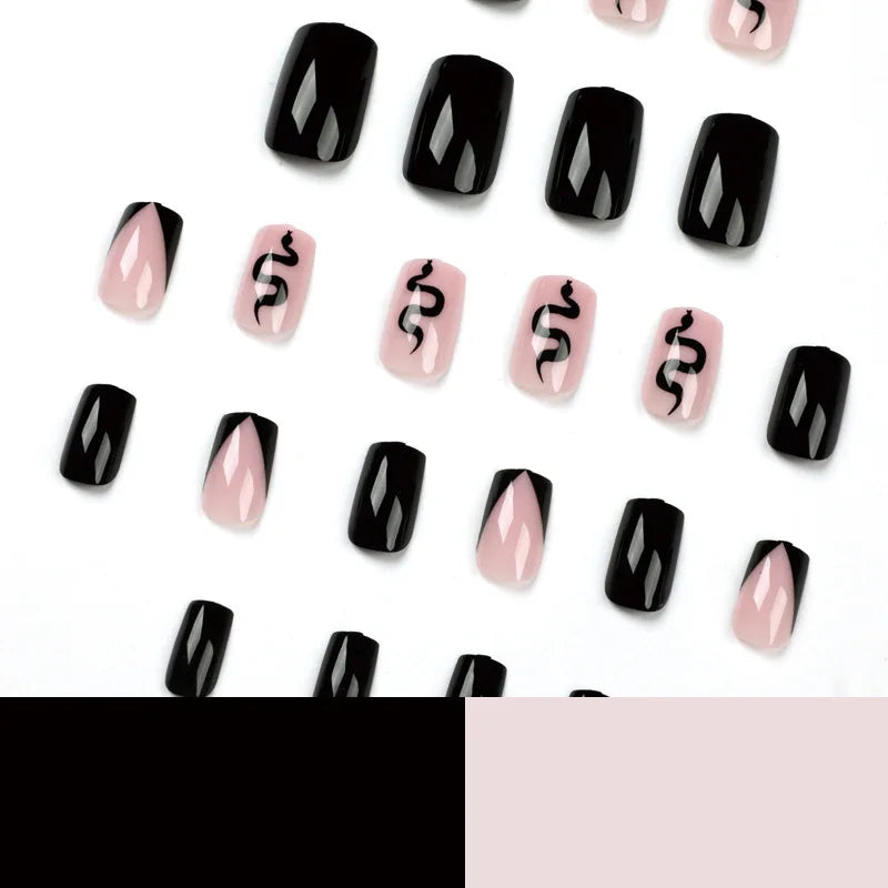 Black Snake Design Wearable Nail Art Fashion French Glossy Fake Nails Detachable Finished False Nails Press on Nails with Glue