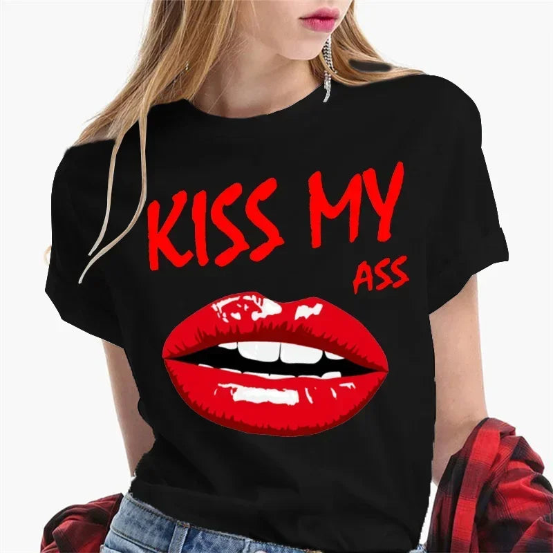 Summer Female Soft T-shirt Women Tshirt Sexy Kiss Lip Lips Saying Funny Black Tee Graphic T Shirt Short Sleeve Crewneck T-shirts