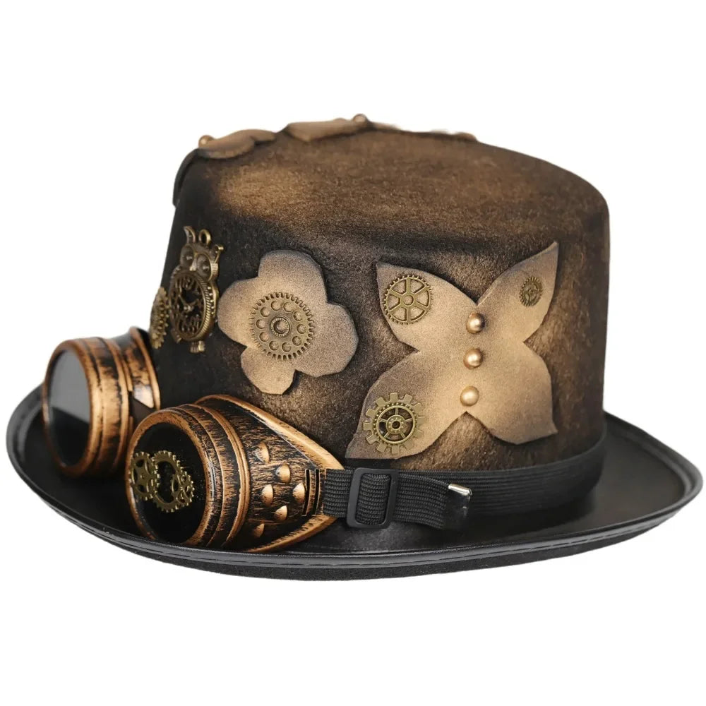 Functional Steampunk Top Hat with Detachable Goggles and Floral Element for Men and Women Steampunk Hombre