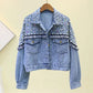 Chic Beaded Diamonds Blue Jean Jacket Fringed Loose Single-breasted Pearls Bomber Coat Long-sleeved Cardigan Streetwear Tops