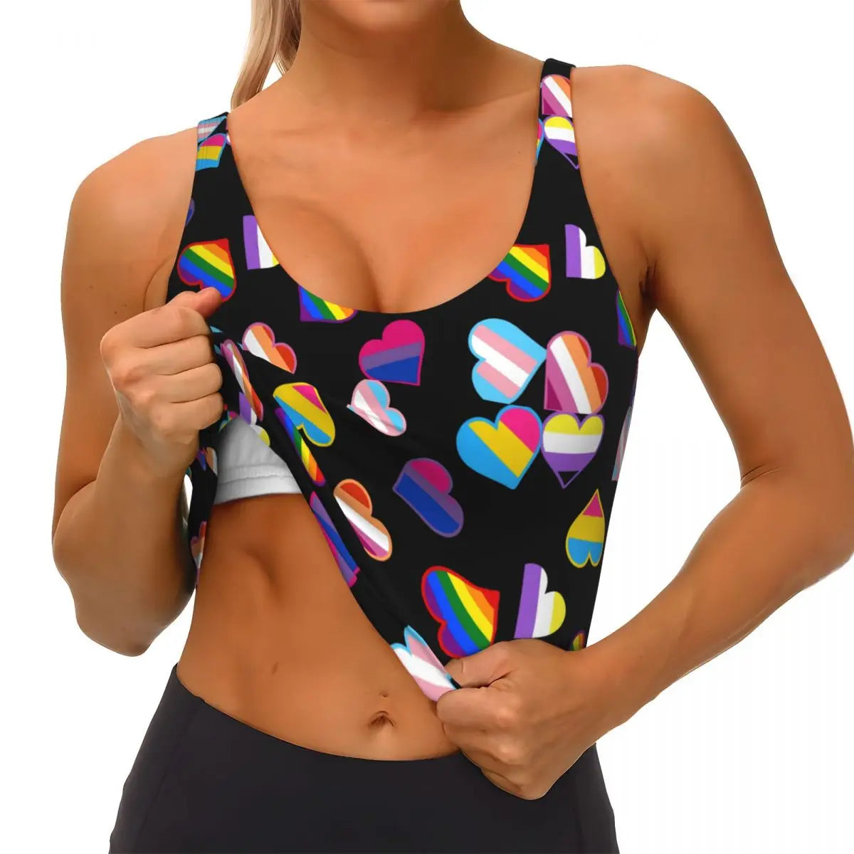 Custom High Impact Pride Flags Hearts Sports Bra for Women LGBT Gay Pride GLBT Gym Workout Yoga Crop Top