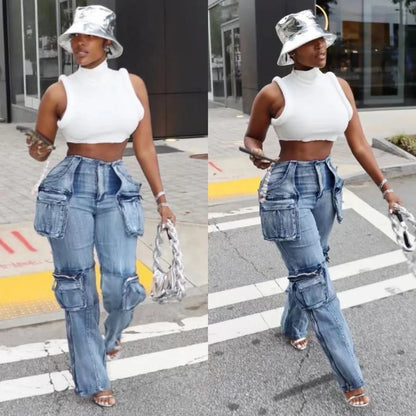 Vintage Washed Distressed Women Jeans Ankle Length Spliced Cargo Pants Denim Pockets High Waist Streetwear Loose Fit 2024