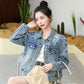 2023 Autumn Blue Flower Embroidery Denim Jacket Women Vintage Fashion Sweet Bubble Long Sleeve Jean Coat Ladies Outerwear Tops