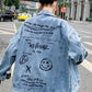 2024 Fashion Spring Female Graffiti Printing Harajuk Long Sleeve Loose Korean Jeans Jacket Pockets Single Breasted Solid A034