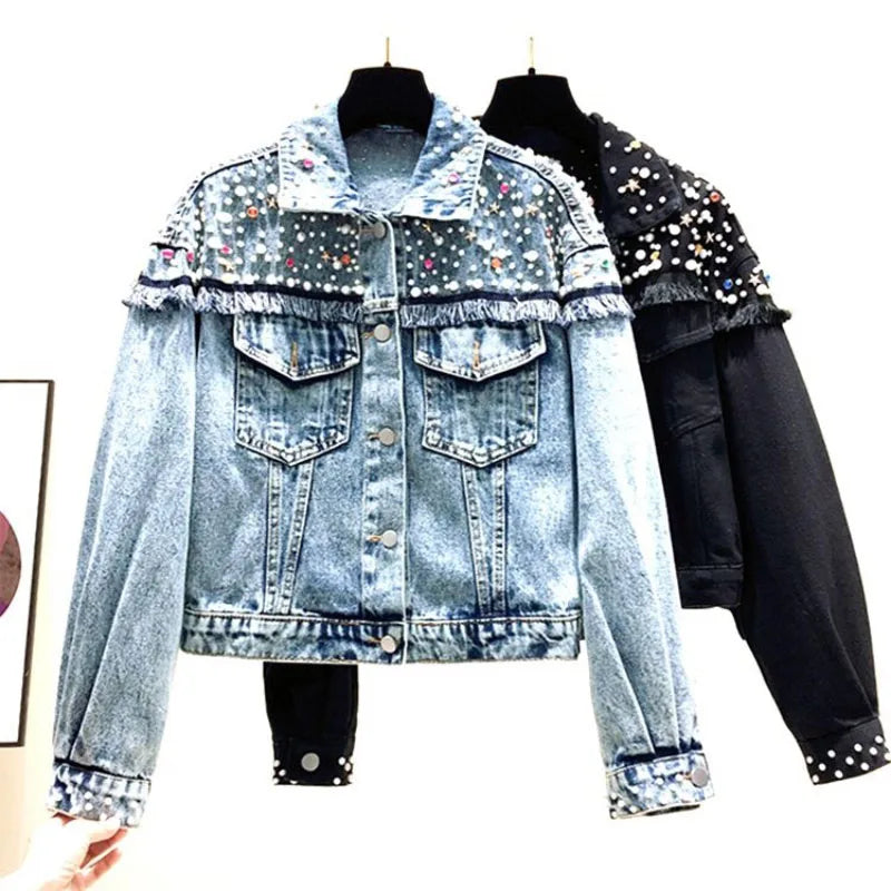 Fried Jeans Jackets Women's Outwear Fashion Loose Tassel Stitching Jacket Streetwear 2023 New Spring Autumn Beaded Cowboy Jacket