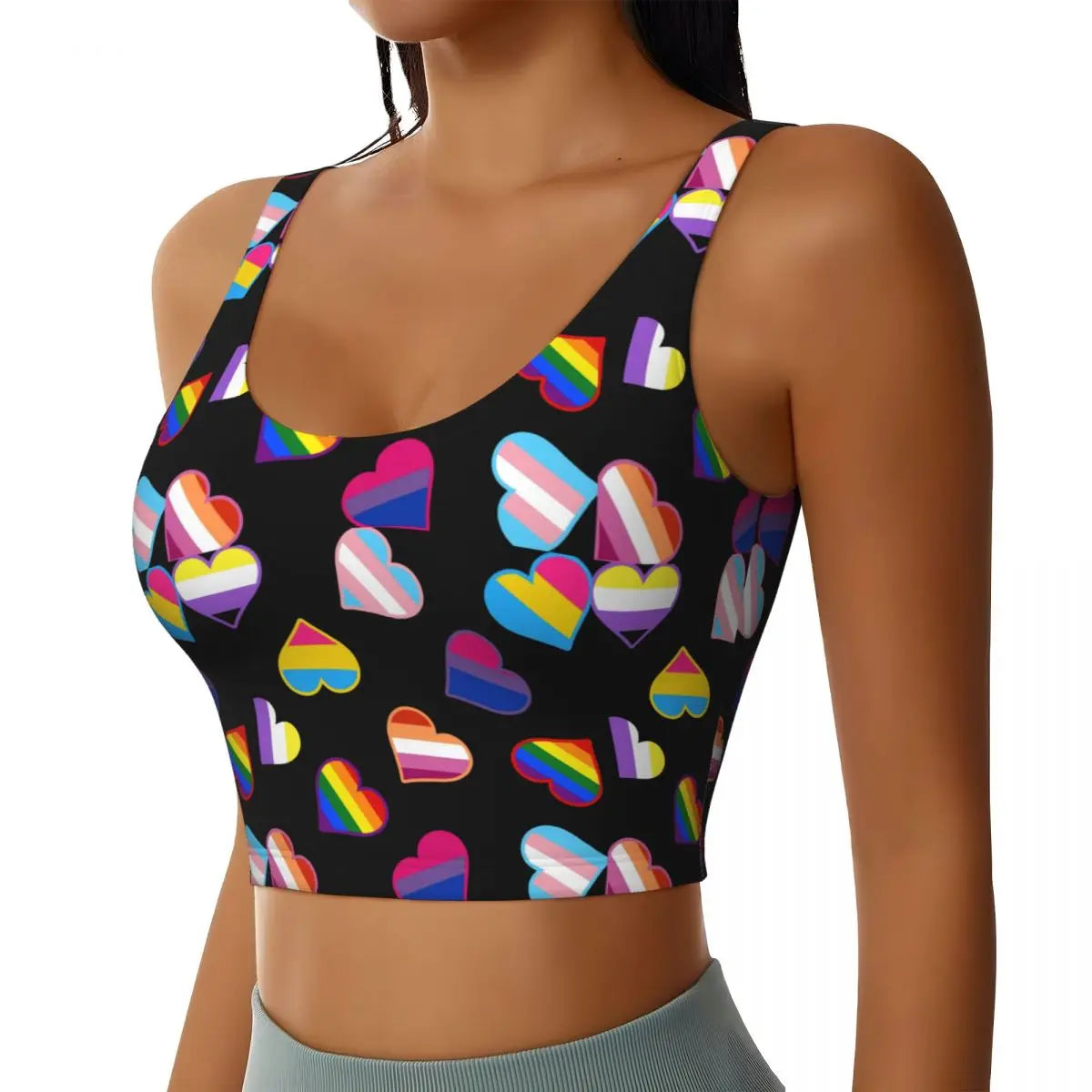 Custom High Impact Pride Flags Hearts Sports Bra for Women LGBT Gay Pride GLBT Gym Workout Yoga Crop Top