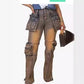 Vintage Washed Distressed Women Jeans Ankle Length Spliced Cargo Pants Denim Pockets High Waist Streetwear Loose Fit 2024