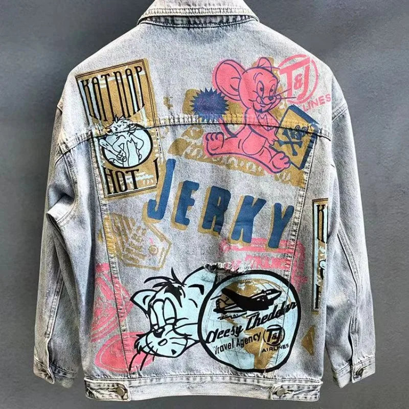 Fashion Cartoon Graphic Print Denim Jacket Men Streetwear Trend Hole Casual Loose Jean Jackets Coat Tops Clothing