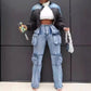 Vintage Washed Distressed Women Jeans Ankle Length Spliced Cargo Pants Denim Pockets High Waist Streetwear Loose Fit 2024